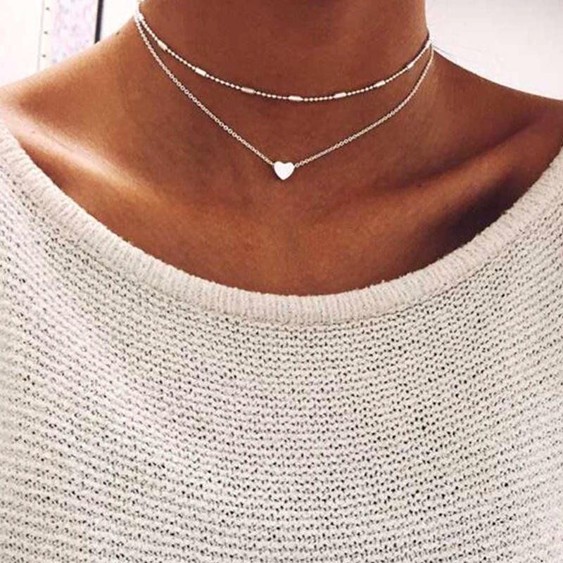 Lovely Style Heart Pendant Adjustable Necklace Multilayer Chain Choker Jewelry For Gift 2 Pcs/Set