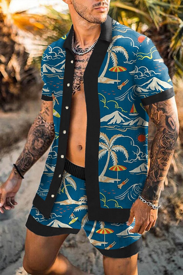 BrosWear Hawaiian Palm Tree Print Short Sleeve Shirt Beach Set