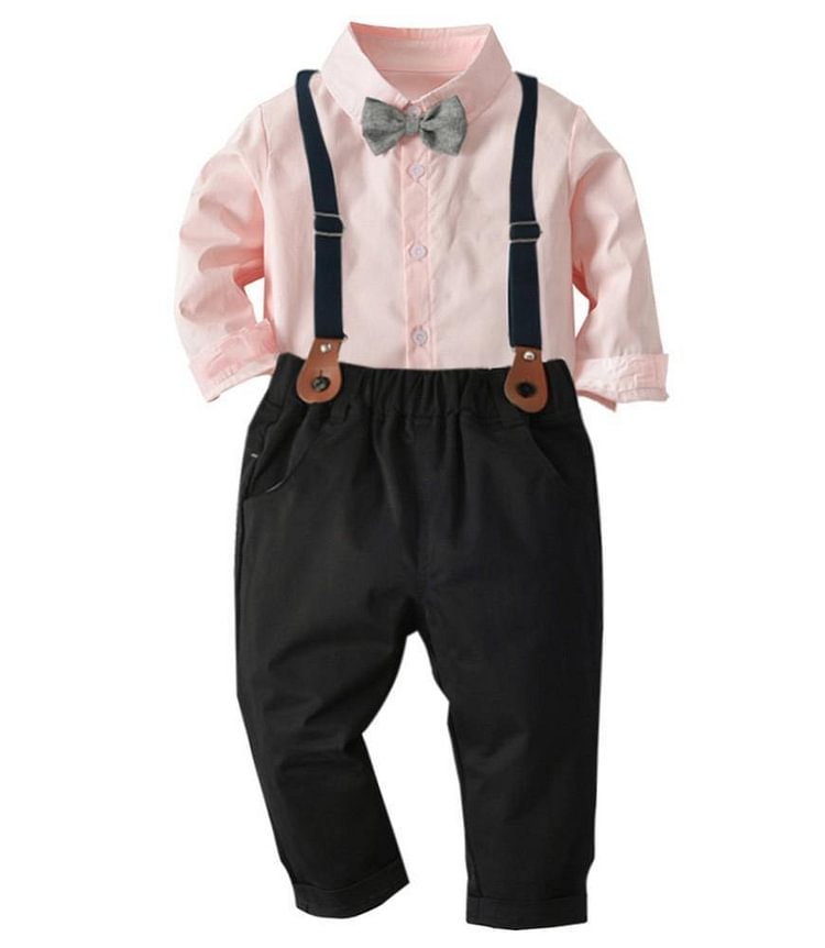 Boys Pink Cotton Shirt With Bow Tie And Suspender Pants Outfit Set-Mayoulove