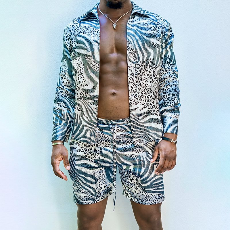 Tiboyz Fashion Outfits Leopard Print Shirt And Shorts Two Piece Set