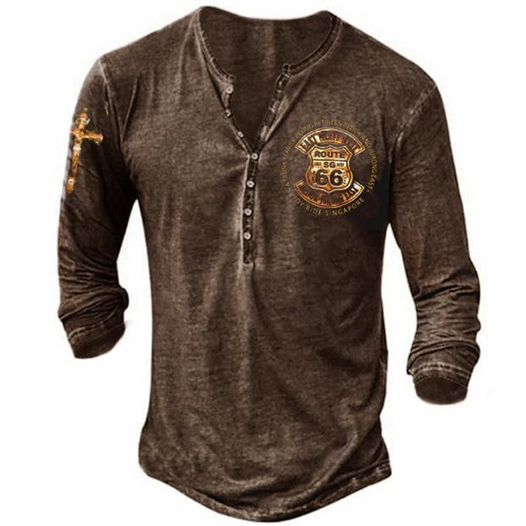BrosWear Vintage V-Neck Route 66 Printed Henley Collar Long Sleeve T-Shirt brown