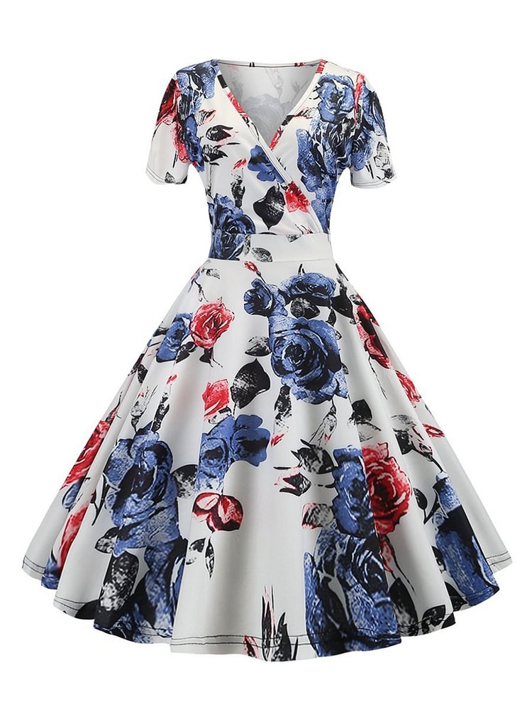 Mayoulove 1950s Dress Deep V-neck Short-sleeved Floral Dress-Mayoulove