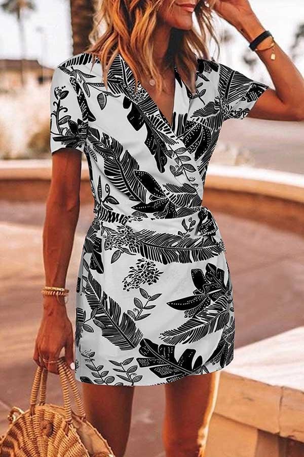 Womens V-Neck Leaf Print Dress-Allyzone-Allyzone