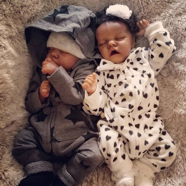 [Mini Black Reborn Twins] 12'' Handmade Lifelike Reborn Baby Doll Twins Boy and Girl Anne and Albina
