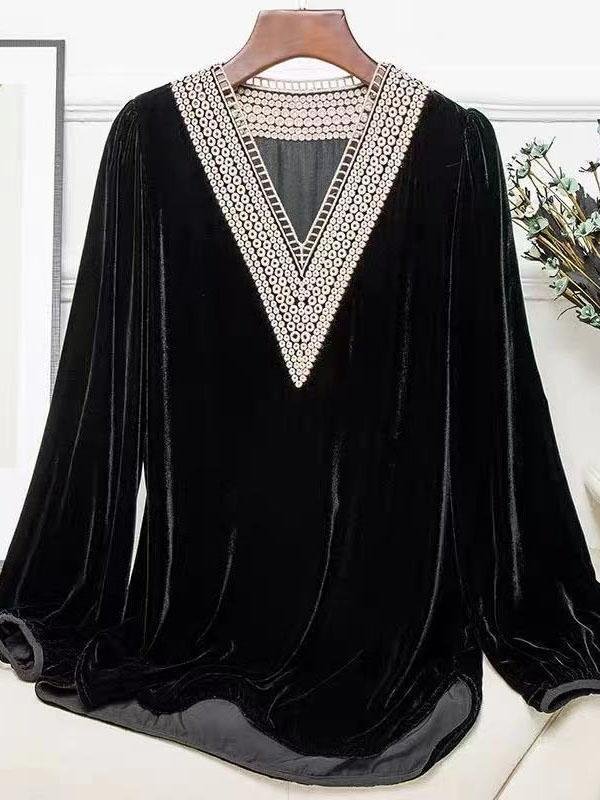 V neck embroidery long sleeve black velvet top