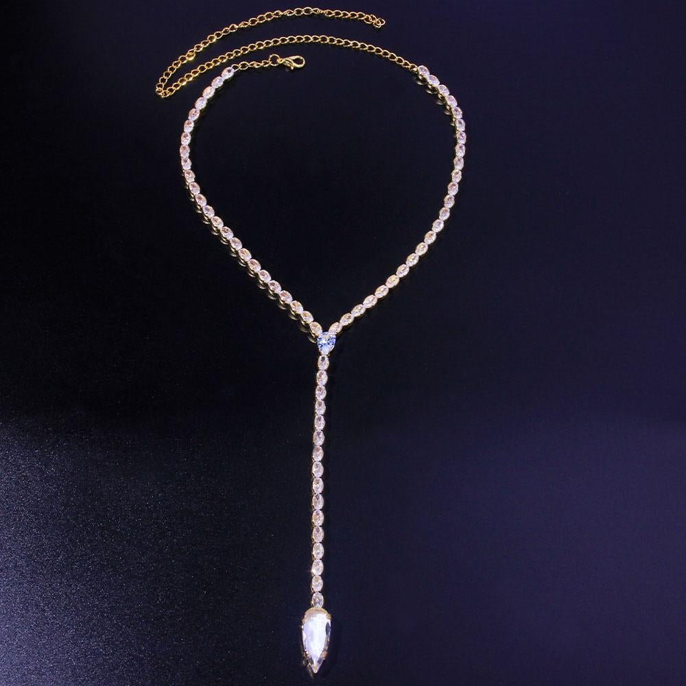 Cubic Zirconia Water Drop Long Chain Women Necklace-VESSFUL