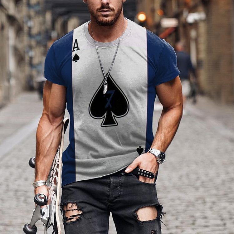 BrosWear Blue And White Poker A Card Short Sleeve T-Shirt