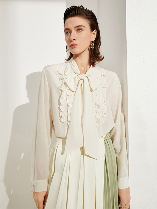 Ruffled Collar With Bowtie Silk Blouse