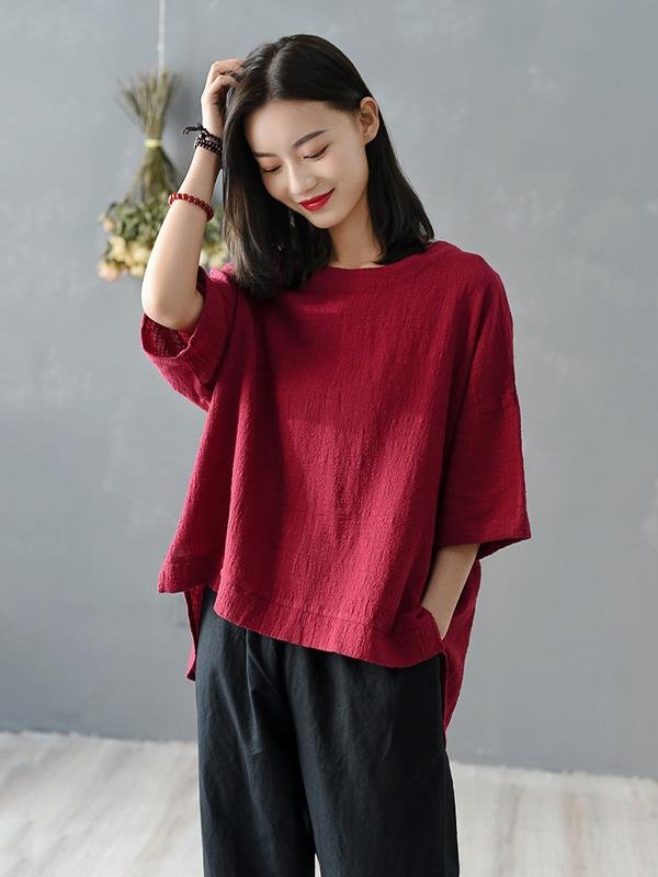Solid Color Loose High-Low Round Neck Splicing T-Shirt