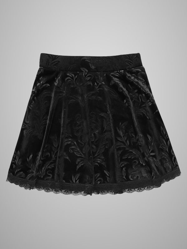 Goth Floral-print Lace Paneled Black Skirt