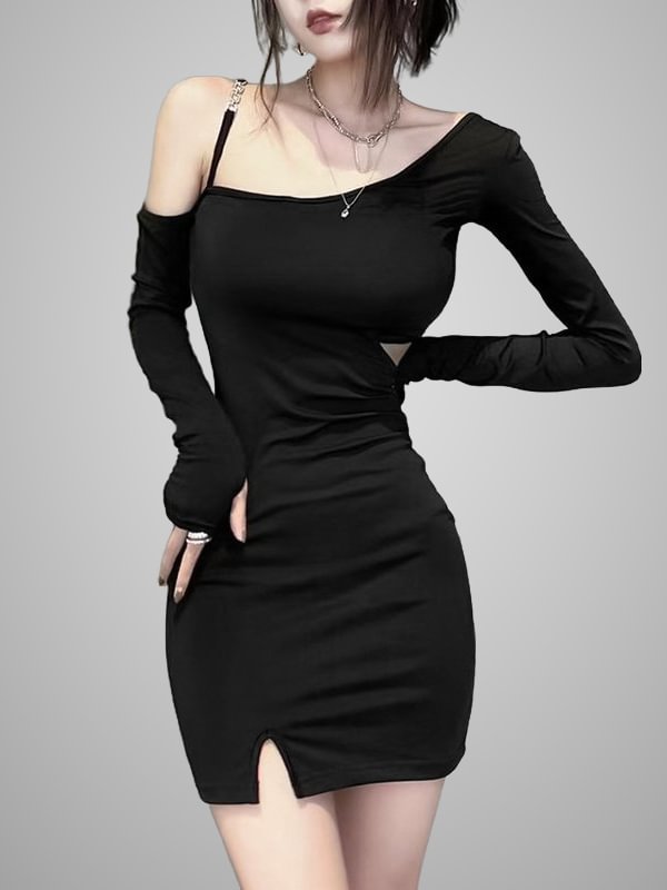 Gothic Dark Hallow Out Chain-trimmed Spaghetti Slit Dress with One Shoulder