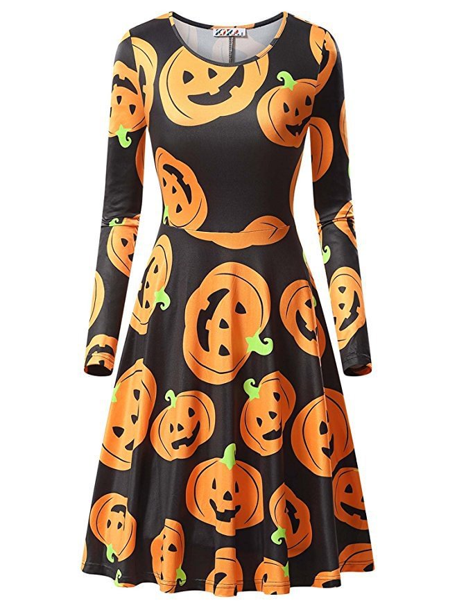 Women's Halloween Pumpkin Bat Print Long Sleeve Dress