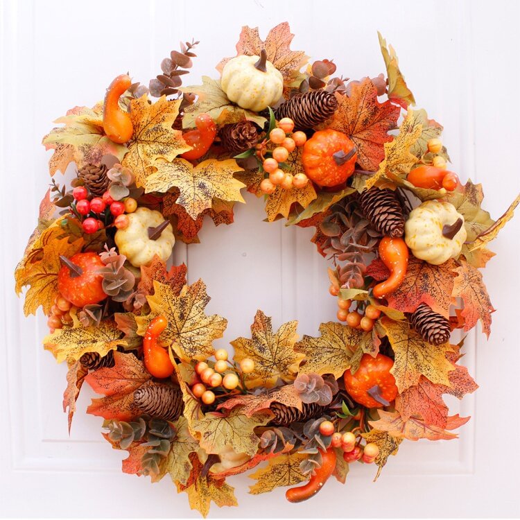 Maple Leaves And Pine Cones Pumpkin Wreath Outdoor Fall Wreath、、sdecorshop
