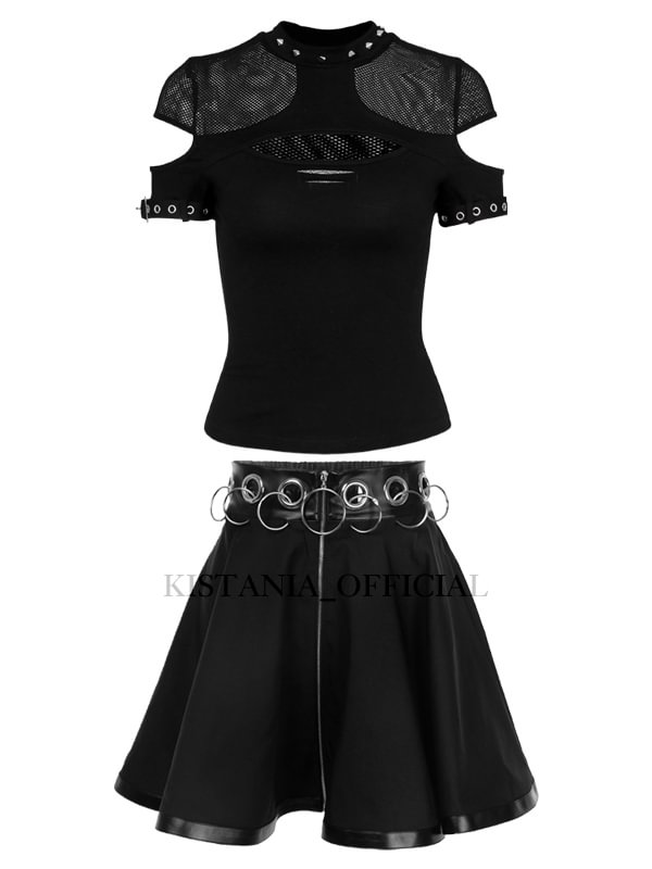 Sexy Crew Neck Hollowed Out Rivet Top + Front Zipper Hollow Skater Gothic Skirt 2 Pieces Sets