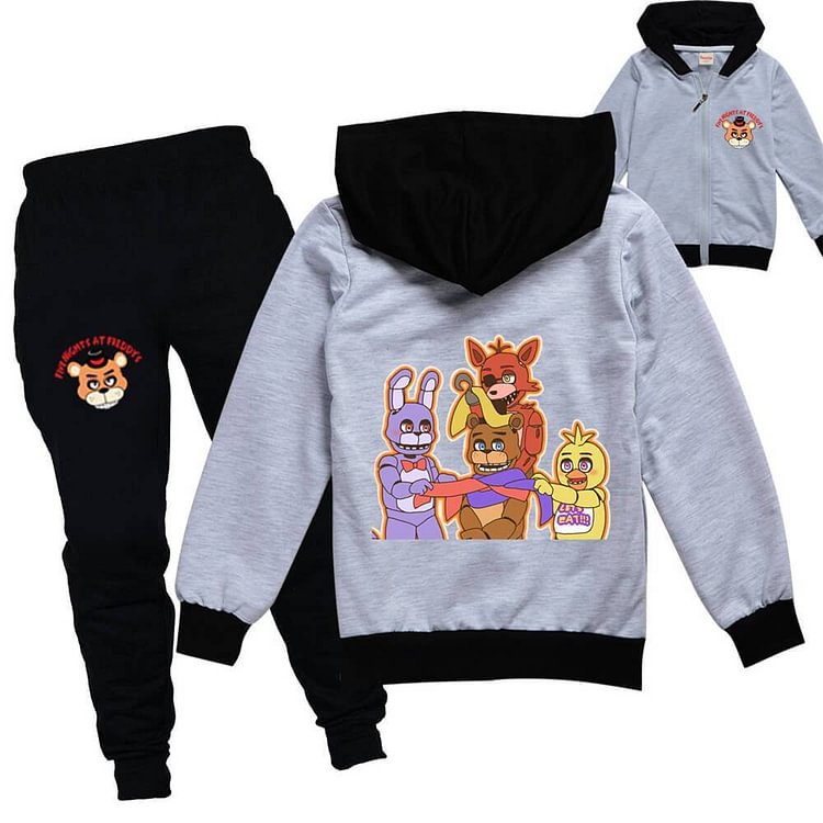 Five Nights At Freddy Print Girls Boys Zip Up Hoodie And Pants Outfit-Mayoulove