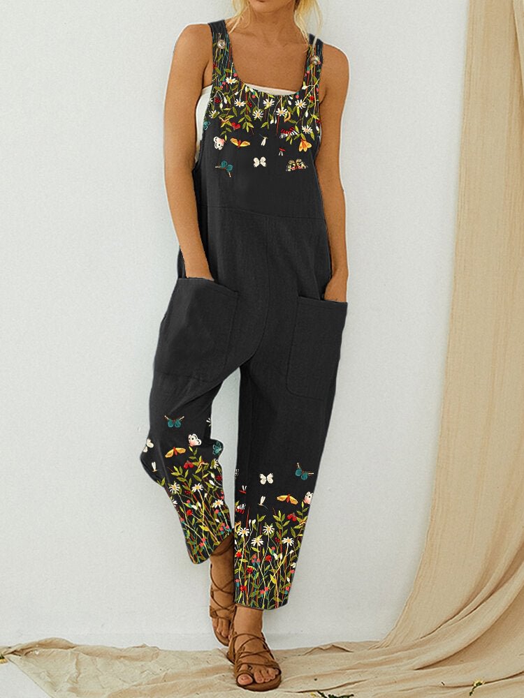 Butterfly Flower Print Strap Button Casual Jumpsuit With Pocket