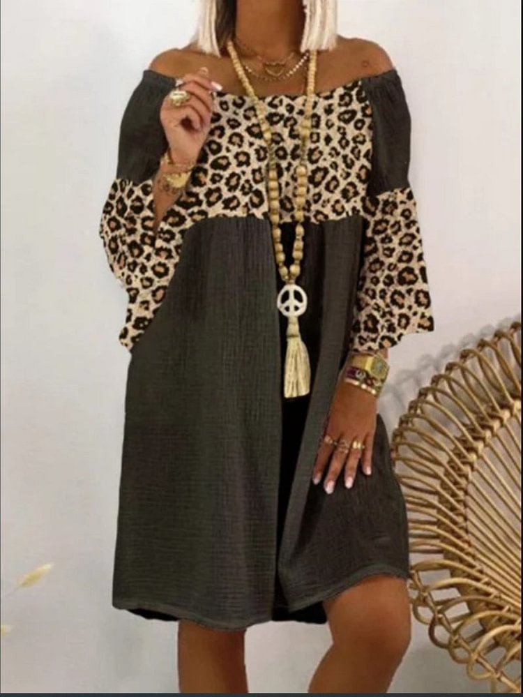 Leopard Patchwork Off Shoulder Dress
