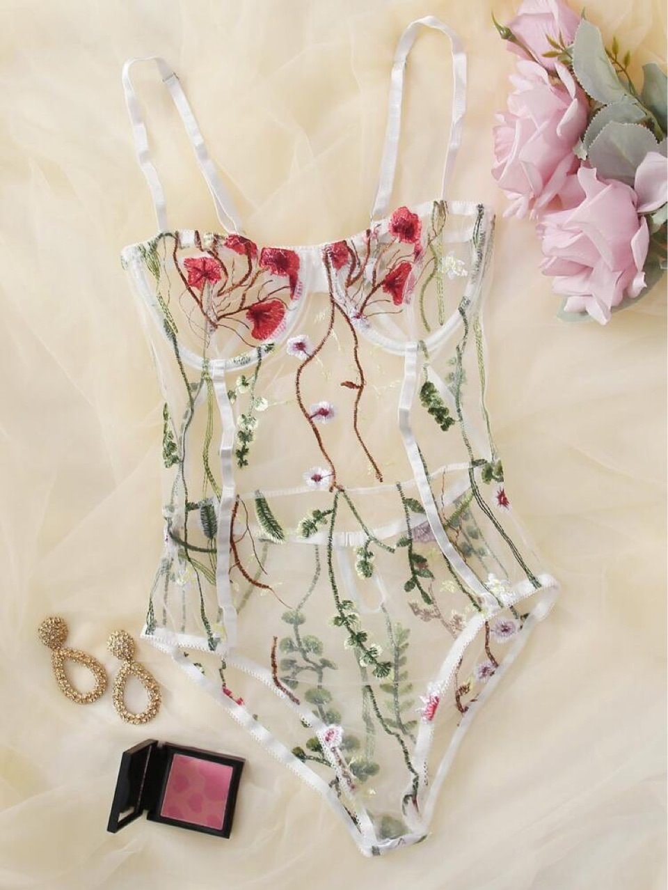 Plus Floral Embroidery Mesh Underwire Bodysuit-Icossi