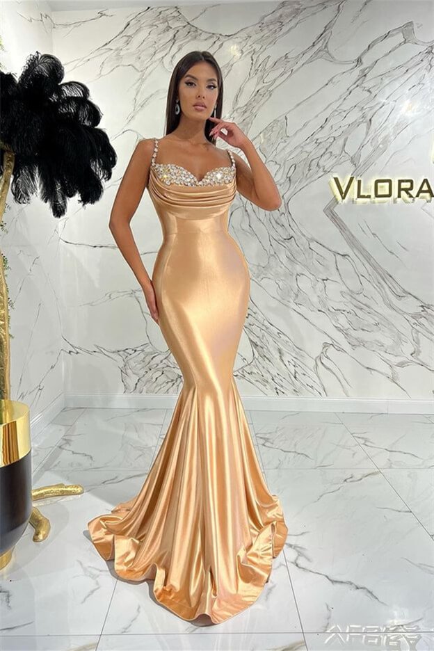 Luluslly Spaghetti-Straps Mermaid Prom Dress Champagne With Crystal