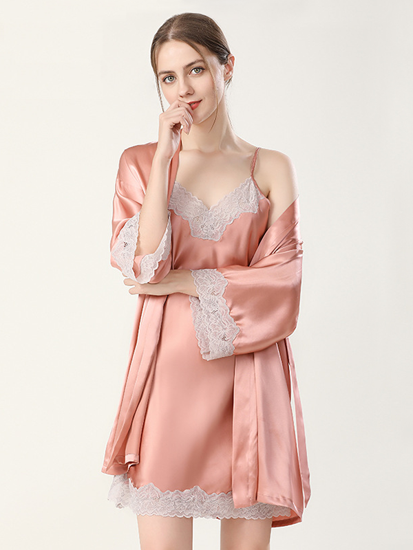 Luxurious Lace Silk Nightgown And Robe Set