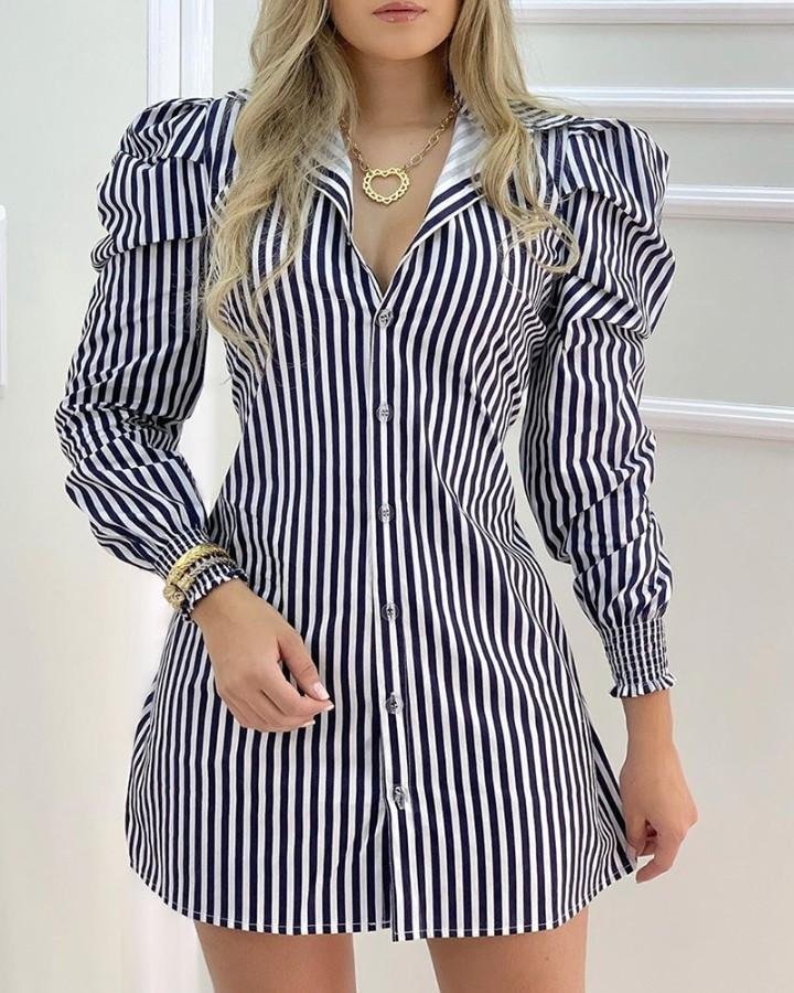 Striped Button Design Puffed Sleeve Shirt Dress P15554