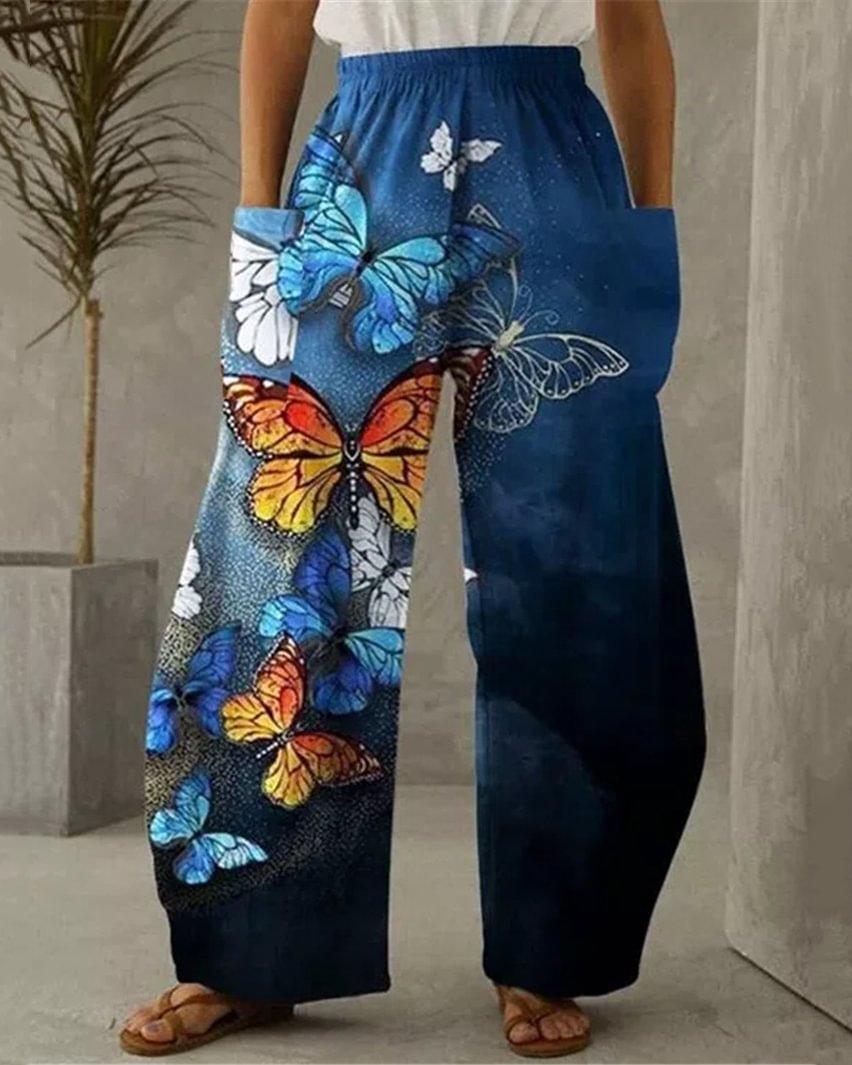 Summer Butterfly Print Casual Loose Pocket Trousers