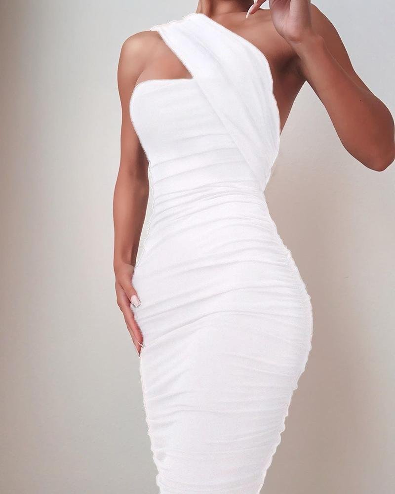 One Shoulder Sleeveless Ruched Bodycon Dress P13767