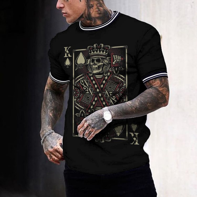 BrosWear Mens Fashion Stretch Poker  Spades Skull Print T-Shirt