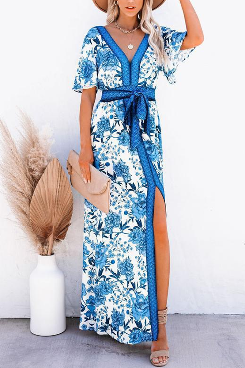 KarliDress Floral Slit Lace-Up Maxi Dress P12541