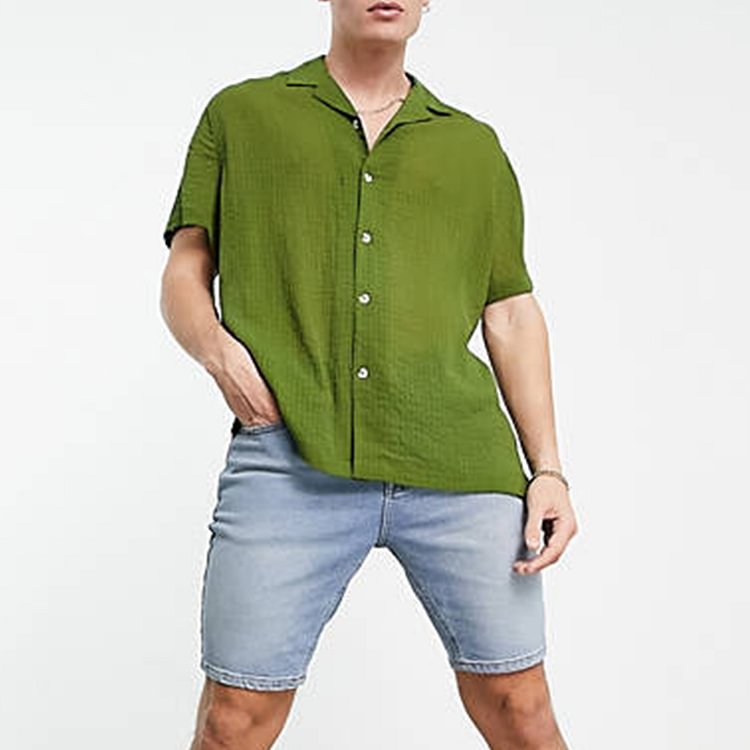BrosWear Fresh Green Lapel Short Sleeve Shirt