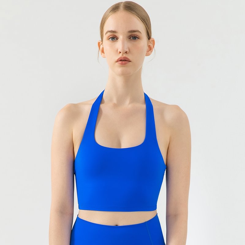 Hergymclothing high support super stretchy naked feel gym fitness workout halter yoga top with removable cups for sale klein blue