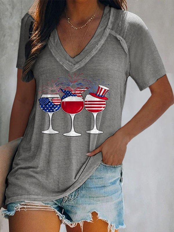 Women's Fireworks Wine Glass Flag Print Short Sleeve V-Neck T-Shirt