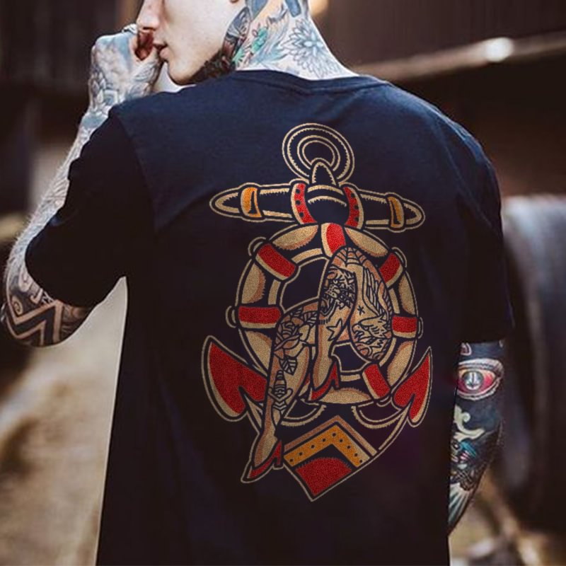 Men's anchor print casual loose T-shirt designer - Krazyskull