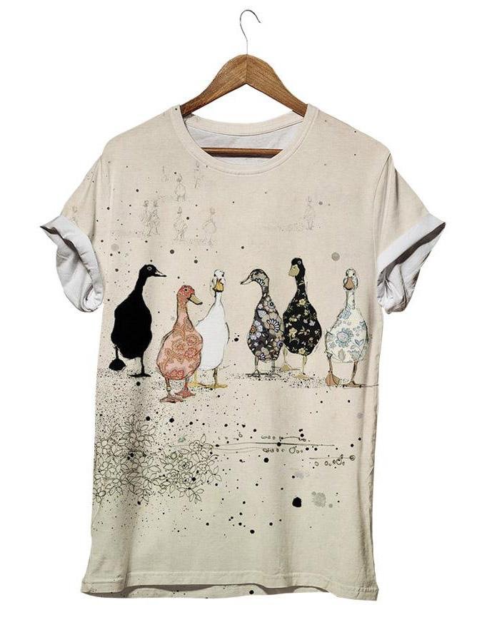 Casual walking duck print crew neck top-Mayoulove
