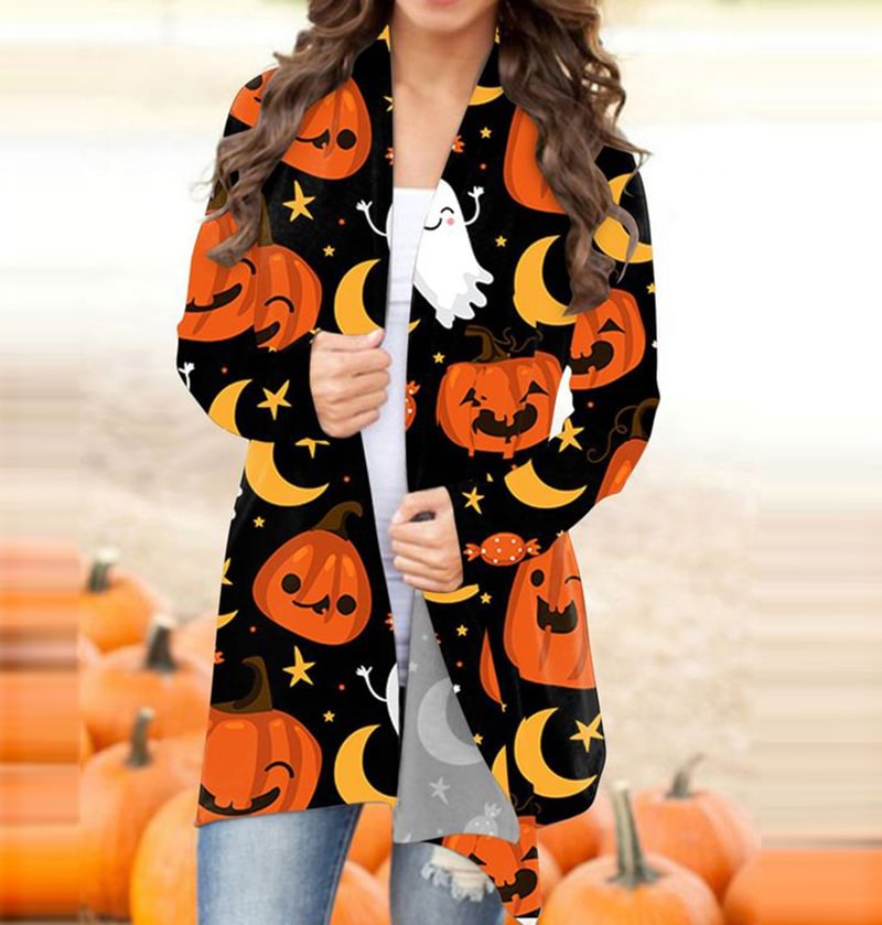 Womens Halloween Day Ghost Pumpkins Print Cardigan
