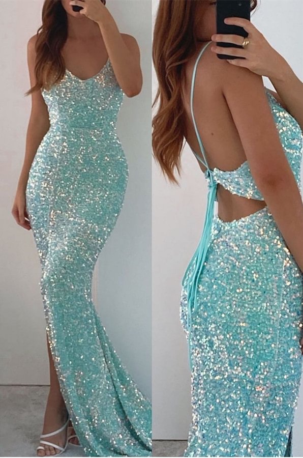 Luluslly Mint Green Spaghetti-Straps Sequins Prom Dress Mermaid Front Split