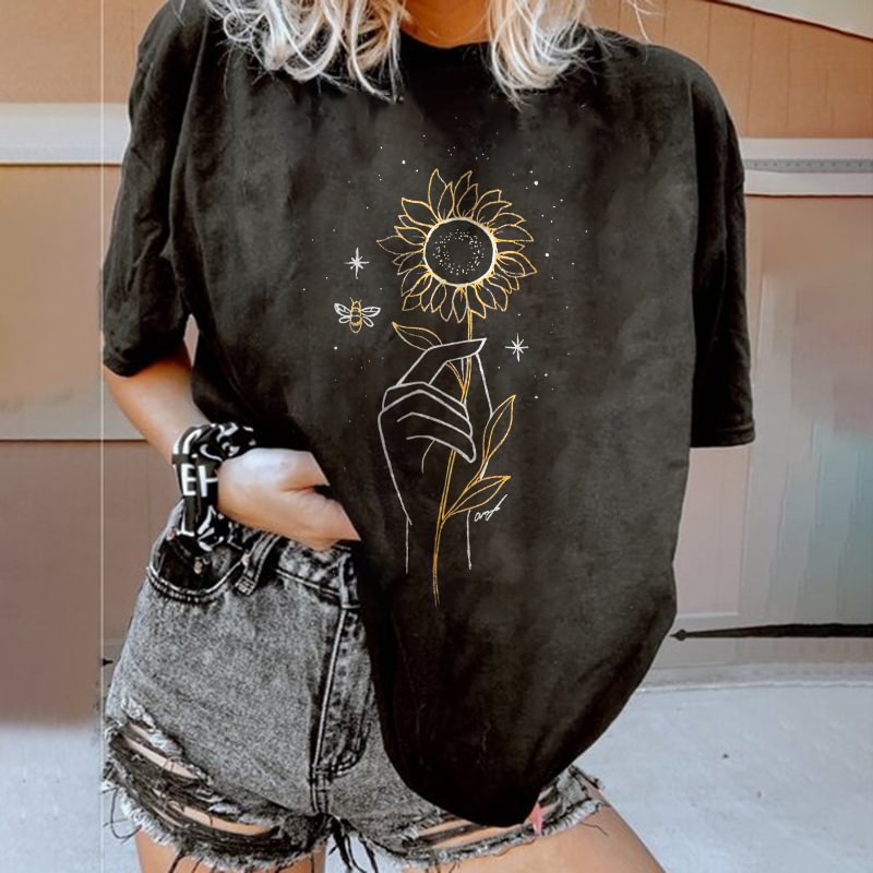   Ladies sunflower print loose T-shirt designer - Neojana