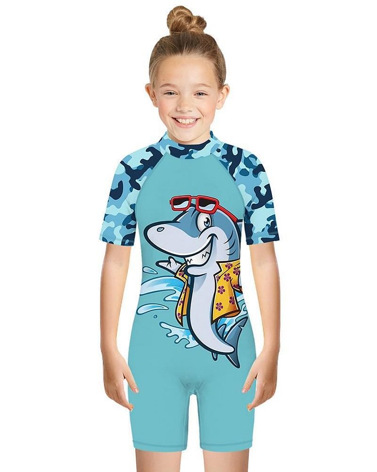 Camo Shark Print Girls Boys Short Sleeve One Piece Rash Guard Swimsuit-Mayoulove