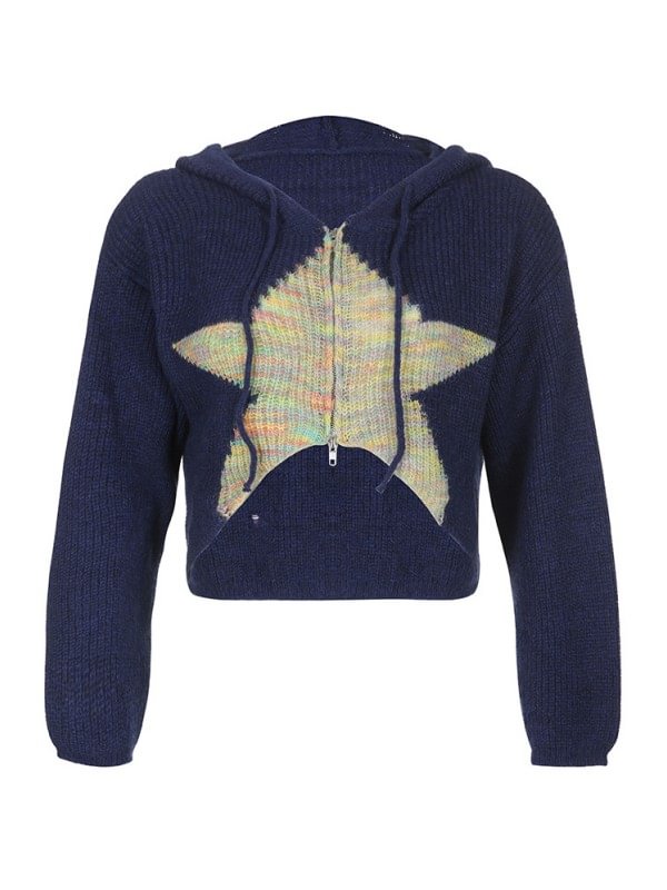 Colorful Star Intarsia Drawstring Asymmetrical Zip Up Sweater