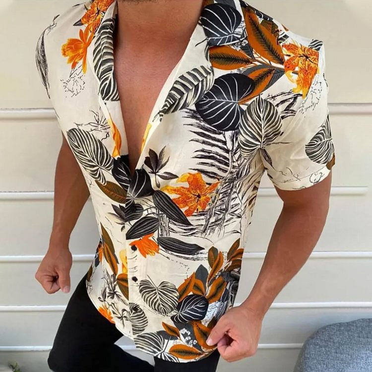BrosWear Men's Casual Trend Fashion Printed Short Sleeve Shirt