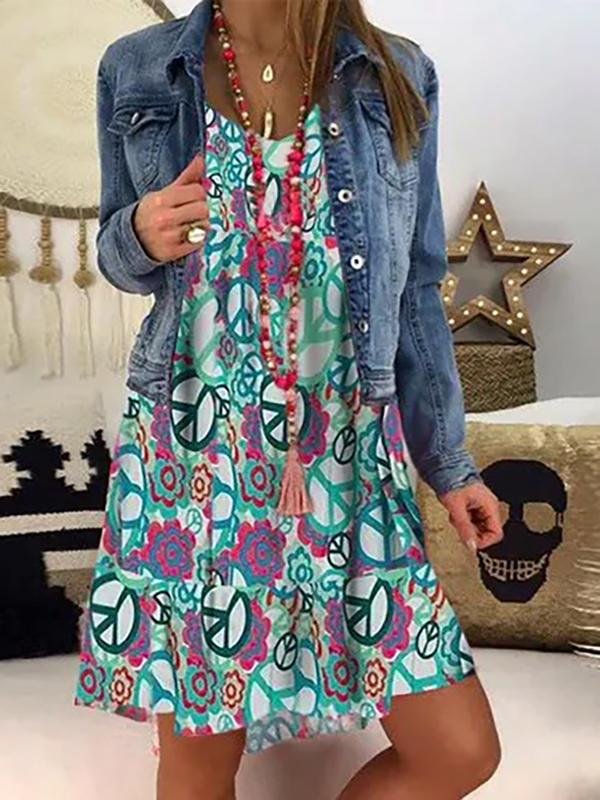 Women's V-Neck Casual Printed Loose Long Sleeve Dress-Mayoulove