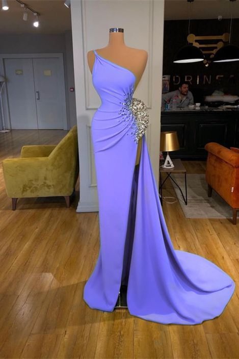 Luluslly One Shoulder Long Prom Dress Mermaid With Beads Slit