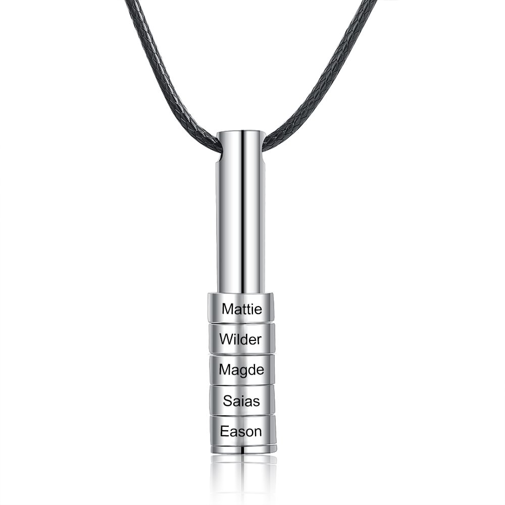 Personalized Engraved Cylinder Bar 5 Names Necklace Men - Family Long Vertical Bar Cylindrical Necklace