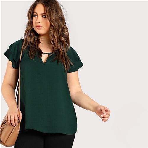 Green Plus Size Keyhole Neck Loose Top Long Blouse With Butterfly Sleeve-Corachic