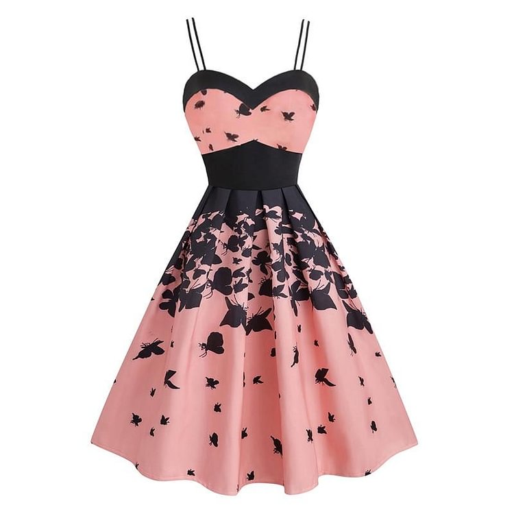 Mayoulove 50s Dress Butterfly Gradient Printed Spaghetti Strap Vintage Dress Women 50s Sundress-Mayoulove