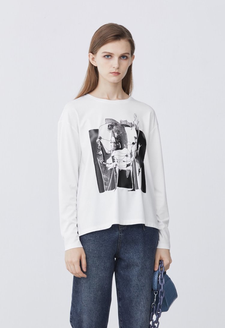 SDEER Crew Neck Abstract Printed Long-sleeved T-shirt With Slits