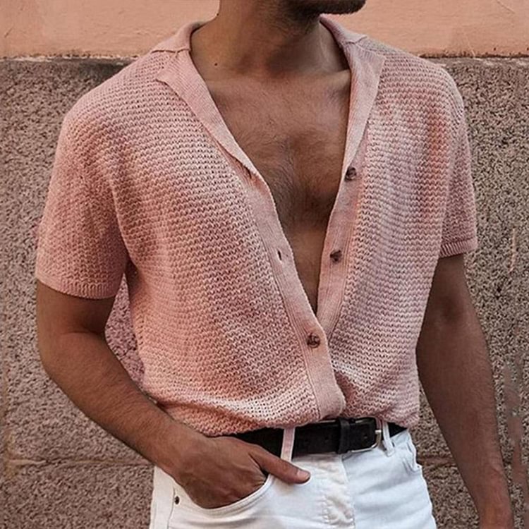 Solid Knitted Streetwear Casual Summer Lapel Short-sleeved Tops Men's Shirts