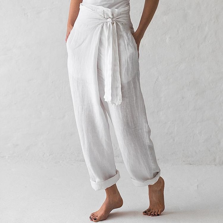 Casual solid color high waist belt solid color cotton and linen casual pants-Mayoulove