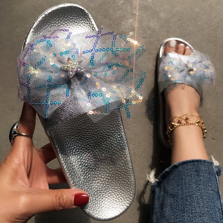 Women’s Fashion Rhinestone Lace Bow Slippers