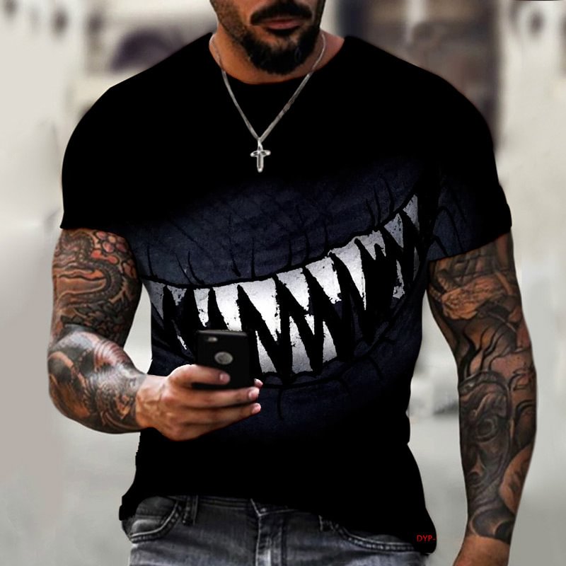 Evil Sharp Teeth Print Casual Black T-Shirts for Men-VESSFUL